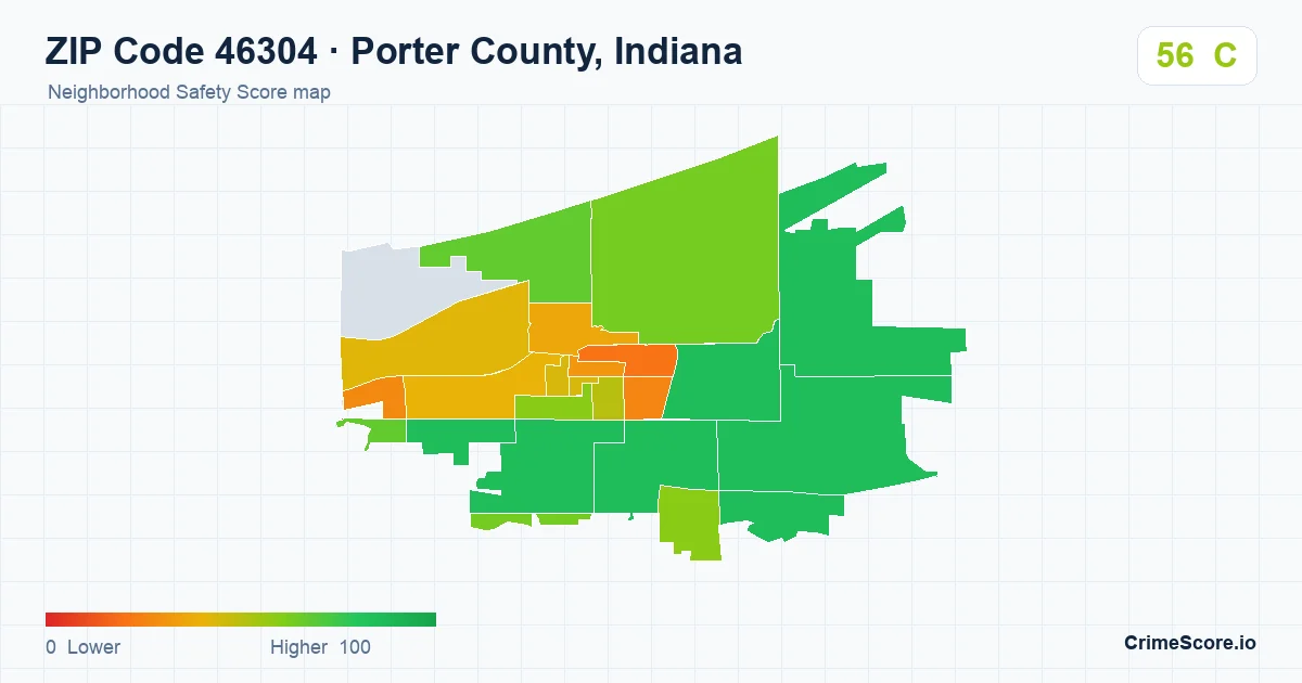 ZIP Code 46304 in Porter County, Indiana neighborhood Safety Score map