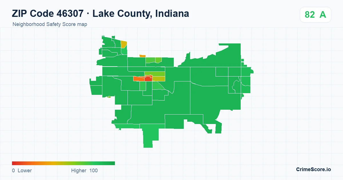ZIP Code 46307 in Lake County, Indiana neighborhood Safety Score map