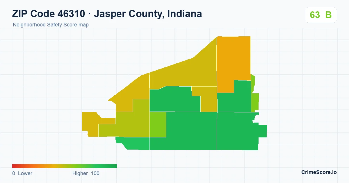 ZIP Code 46310 in Jasper County, Indiana neighborhood Safety Score map