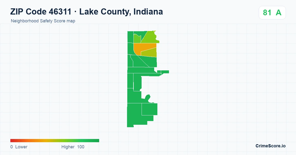 ZIP Code 46311 in Lake County, Indiana neighborhood Safety Score map