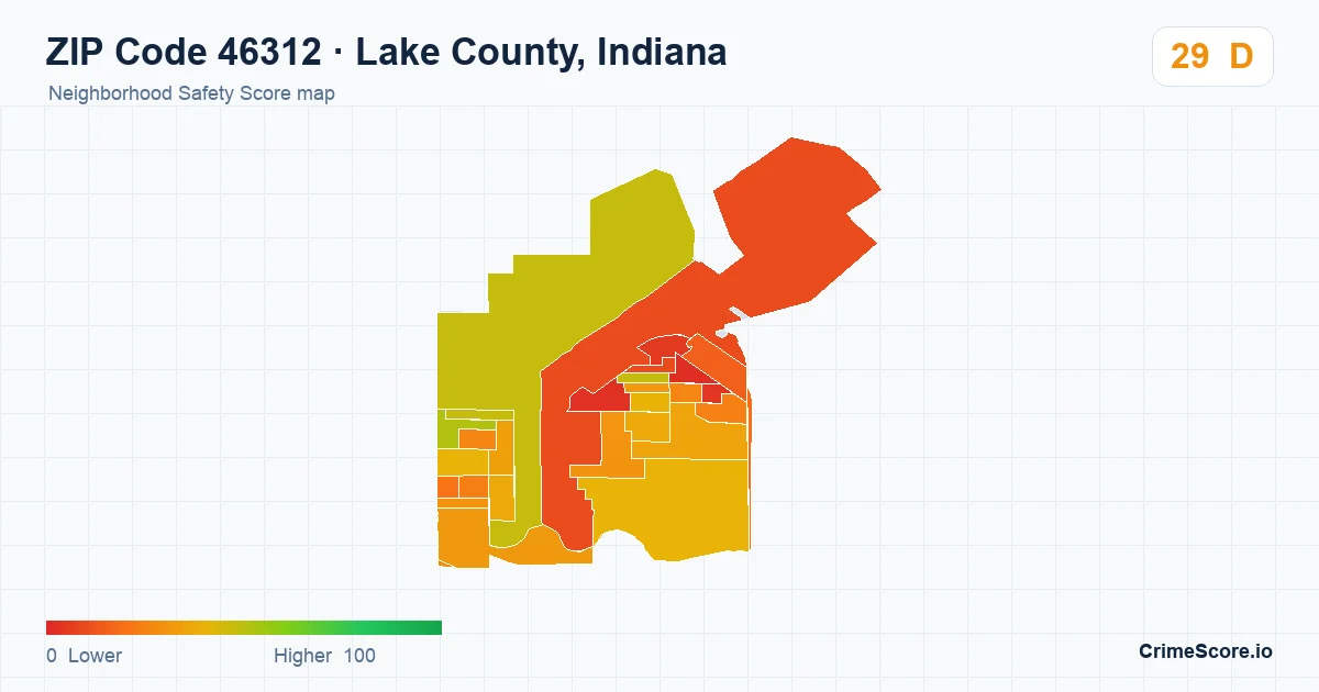 ZIP Code 46312 in Lake County, Indiana neighborhood Safety Score map