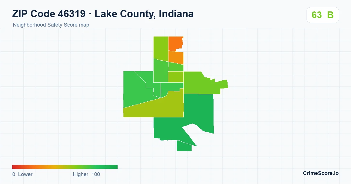 ZIP Code 46319 in Lake County, Indiana neighborhood Safety Score map