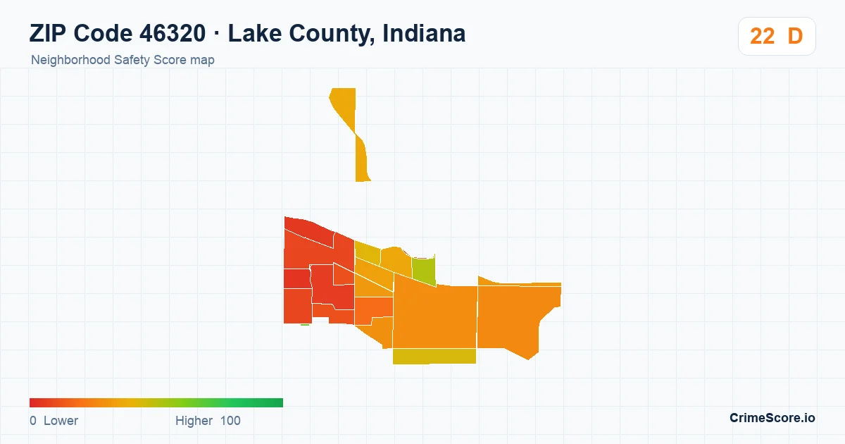 ZIP Code 46320 in Lake County, Indiana neighborhood Safety Score map