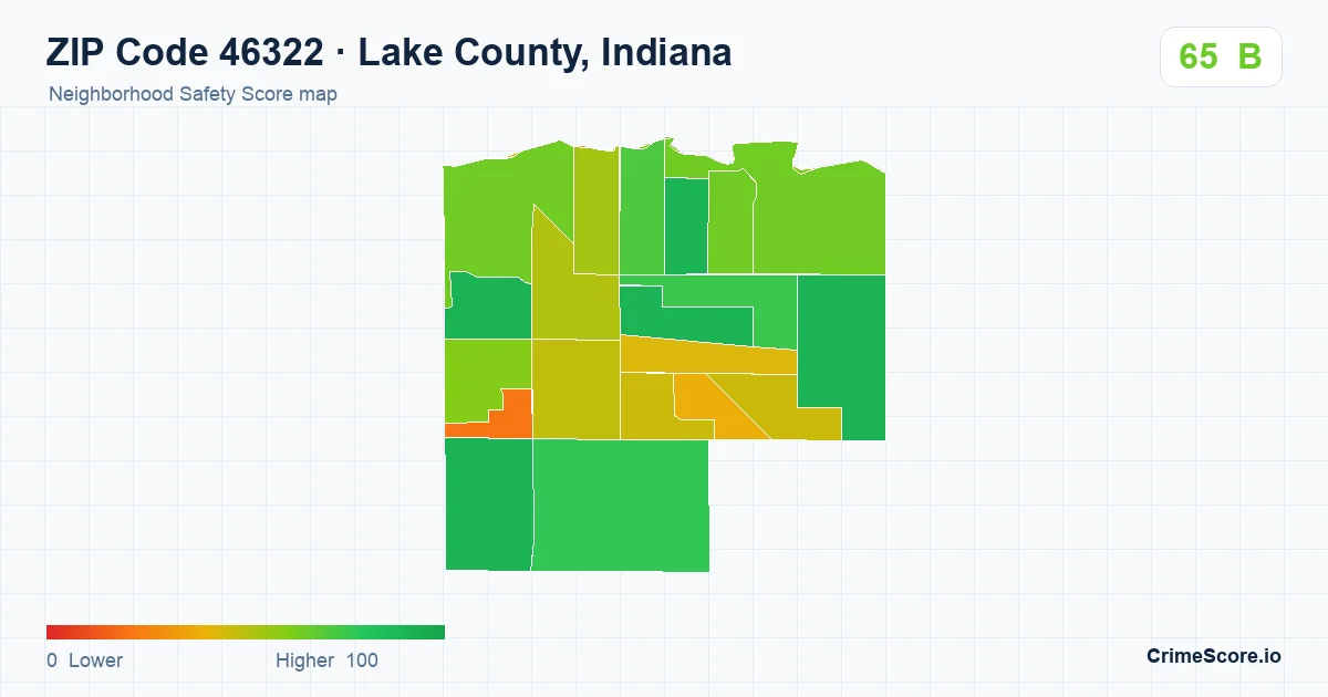 ZIP Code 46322 in Lake County, Indiana neighborhood Safety Score map