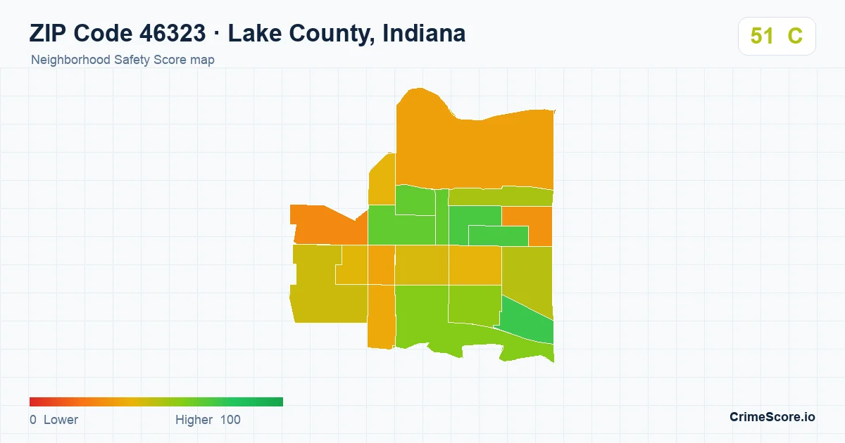 ZIP Code 46323 in Lake County, Indiana neighborhood Safety Score map