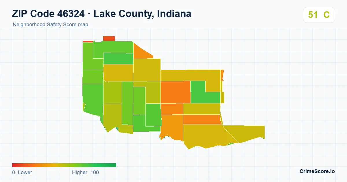ZIP Code 46324 in Lake County, Indiana neighborhood Safety Score map