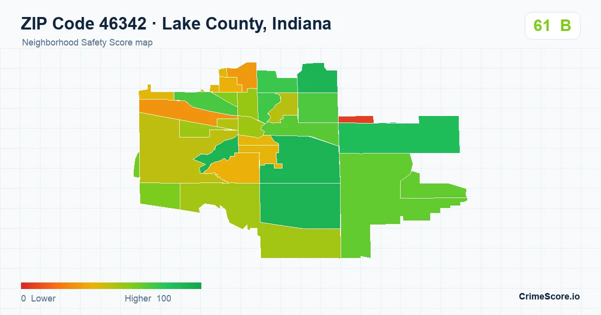 ZIP Code 46342 in Lake County, Indiana neighborhood Safety Score map