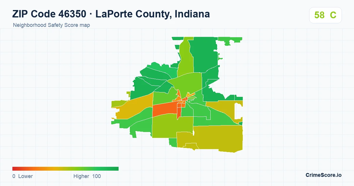 ZIP Code 46350 in LaPorte County, Indiana neighborhood Safety Score map