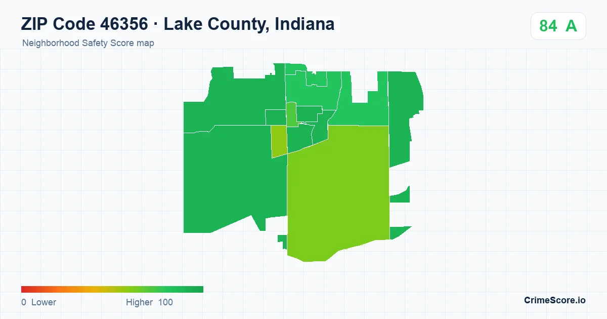 ZIP Code 46356 in Lake County, Indiana neighborhood Safety Score map