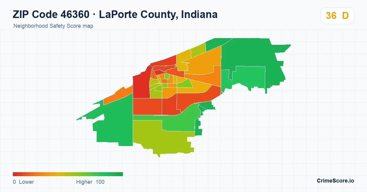 ZIP Code 46360 in LaPorte County, Indiana neighborhood Safety Score map