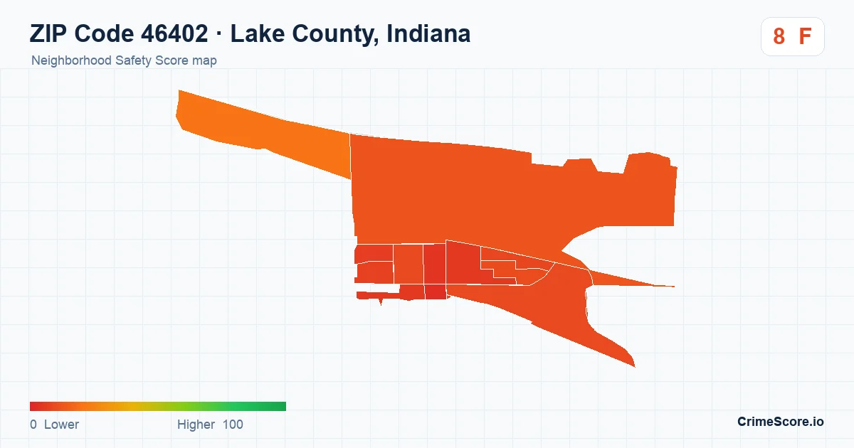 ZIP Code 46402 in Lake County, Indiana neighborhood Safety Score map