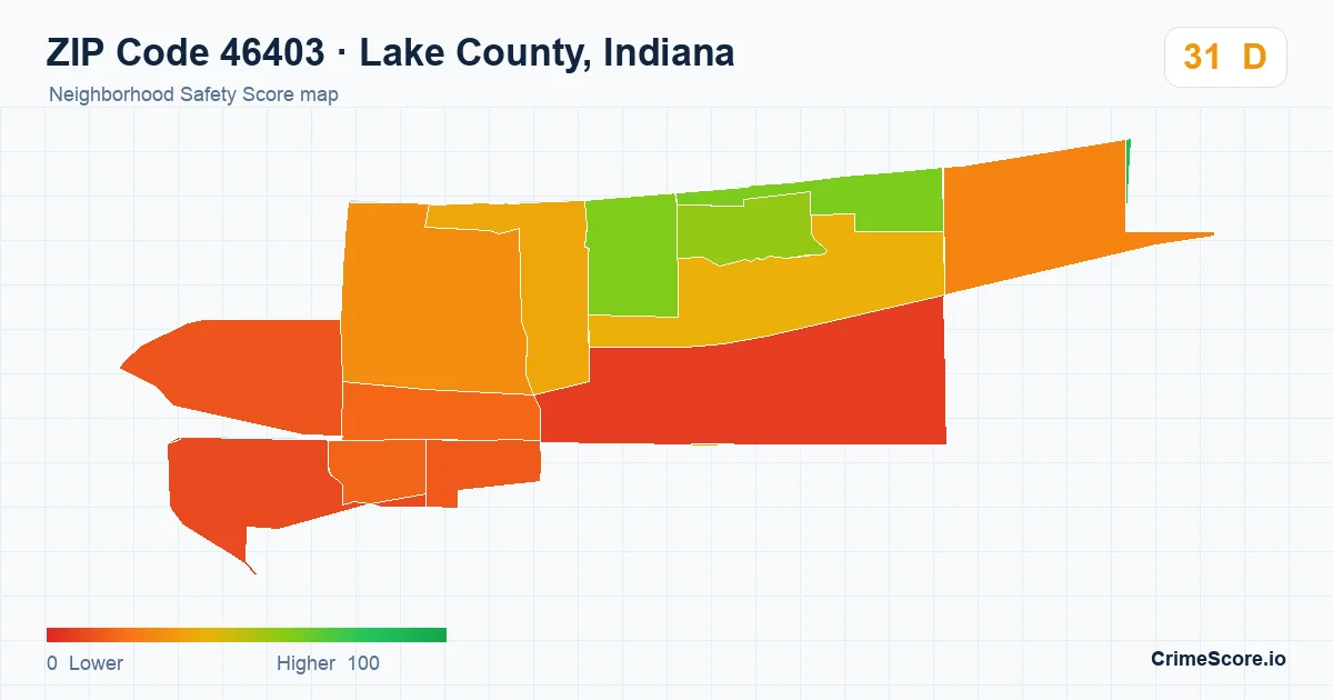 ZIP Code 46403 in Lake County, Indiana neighborhood Safety Score map