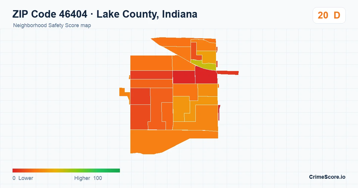 ZIP Code 46404 in Lake County, Indiana neighborhood Safety Score map