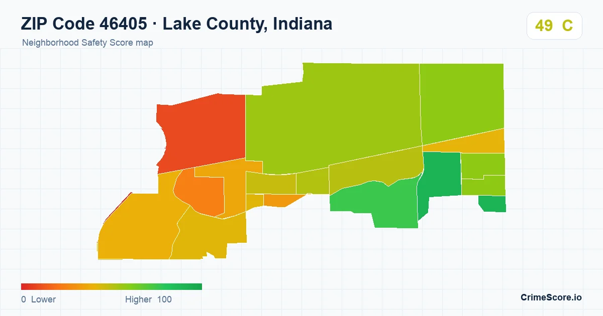 ZIP Code 46405 in Lake County, Indiana neighborhood Safety Score map