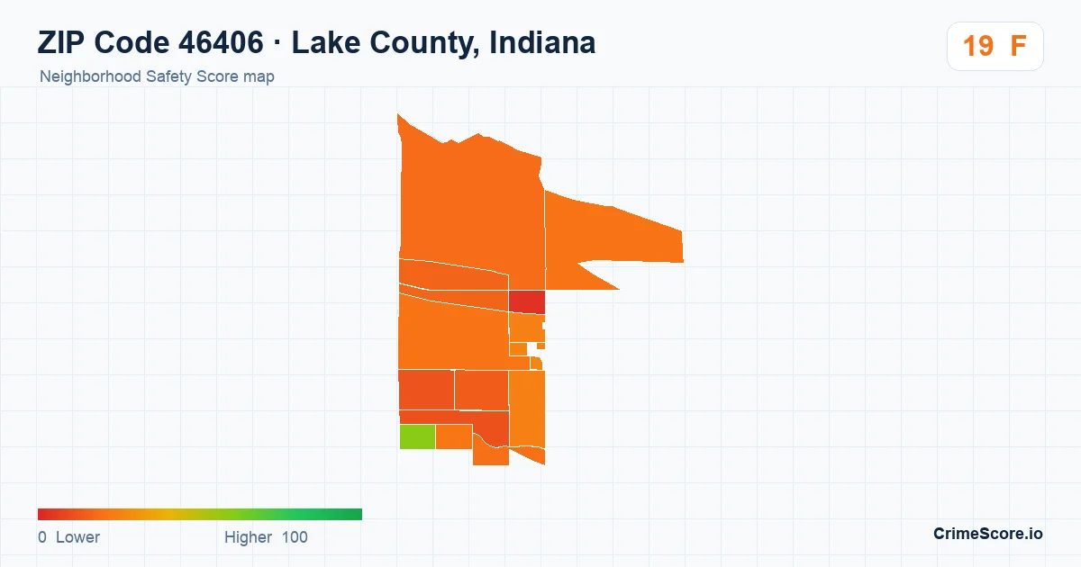 ZIP Code 46406 in Lake County, Indiana neighborhood Safety Score map