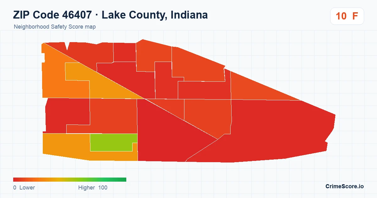ZIP Code 46407 in Lake County, Indiana neighborhood Safety Score map