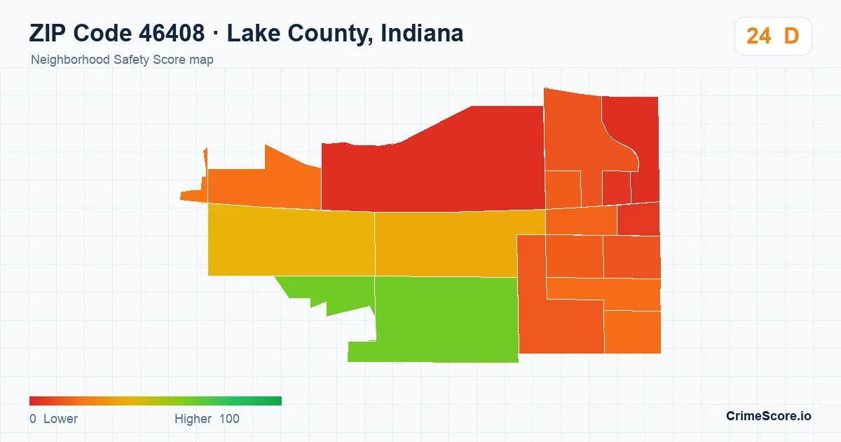 ZIP Code 46408 in Lake County, Indiana neighborhood Safety Score map