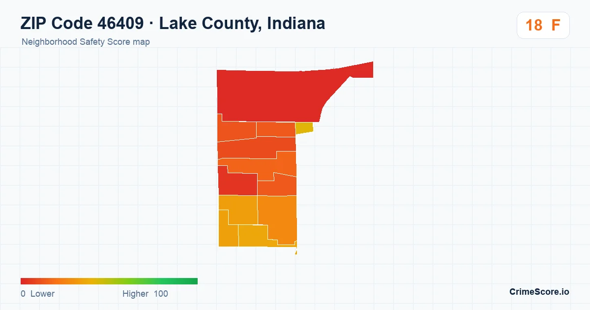 ZIP Code 46409 in Lake County, Indiana neighborhood Safety Score map
