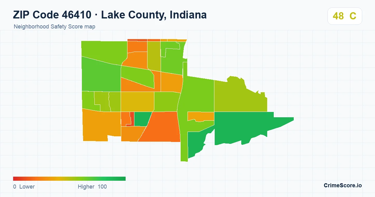 ZIP Code 46410 in Lake County, Indiana neighborhood Safety Score map