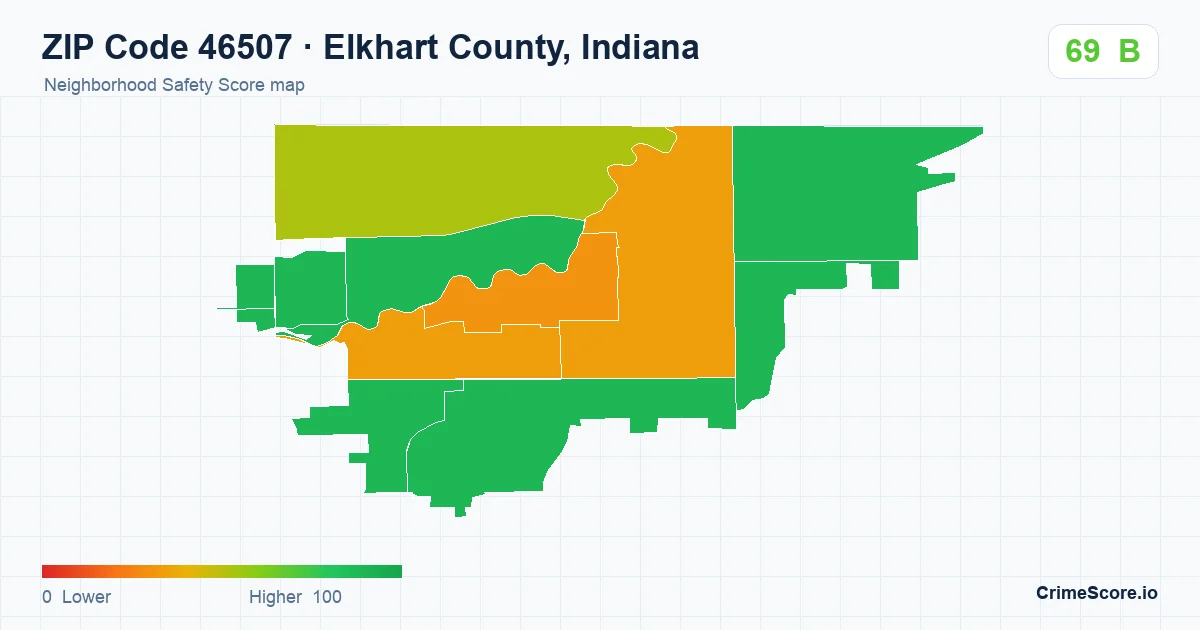 ZIP Code 46507 in Elkhart County, Indiana neighborhood Safety Score map