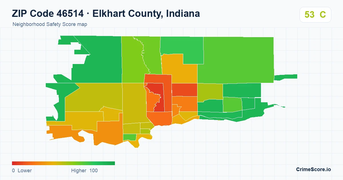 ZIP Code 46514 in Elkhart County, Indiana neighborhood Safety Score map