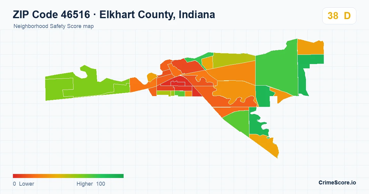 ZIP Code 46516 in Elkhart County, Indiana neighborhood Safety Score map