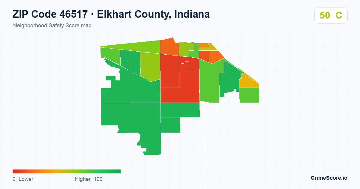 ZIP Code 46517 in Elkhart County, Indiana neighborhood Safety Score map