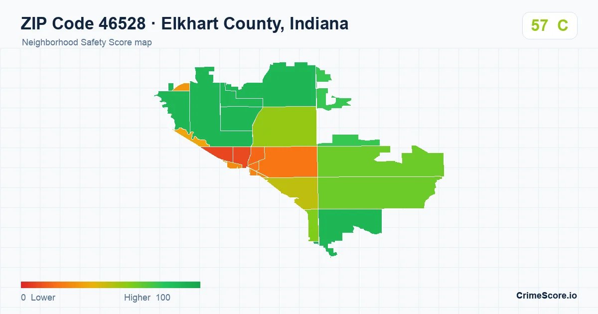 ZIP Code 46528 in Elkhart County, Indiana neighborhood Safety Score map