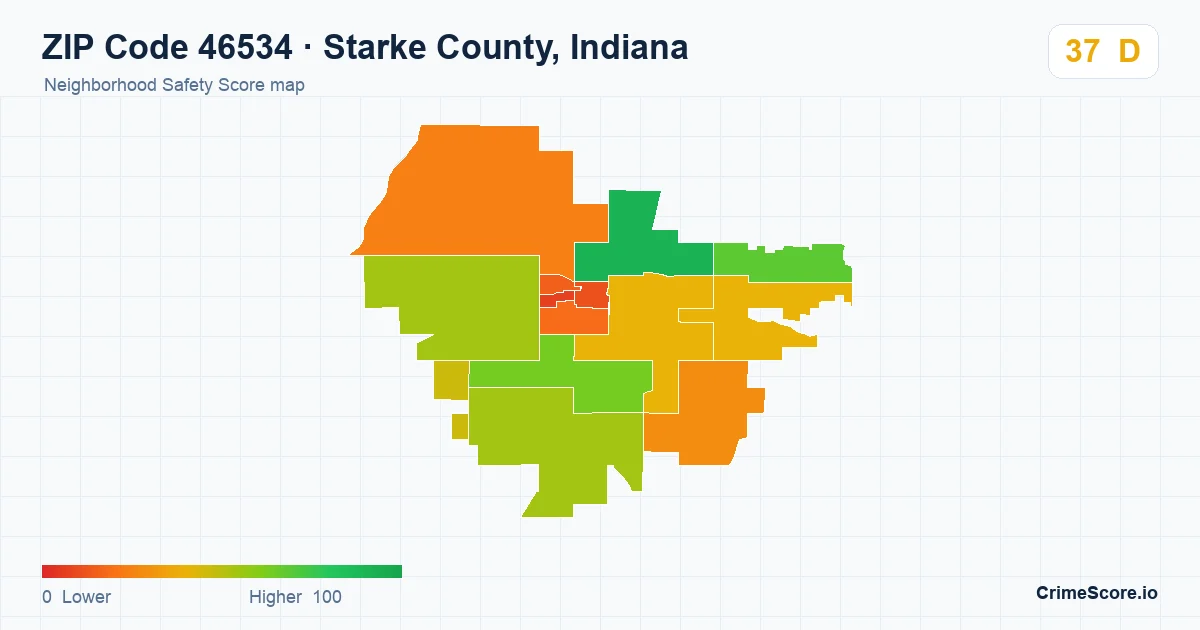 ZIP Code 46534 in Starke County, Indiana neighborhood Safety Score map