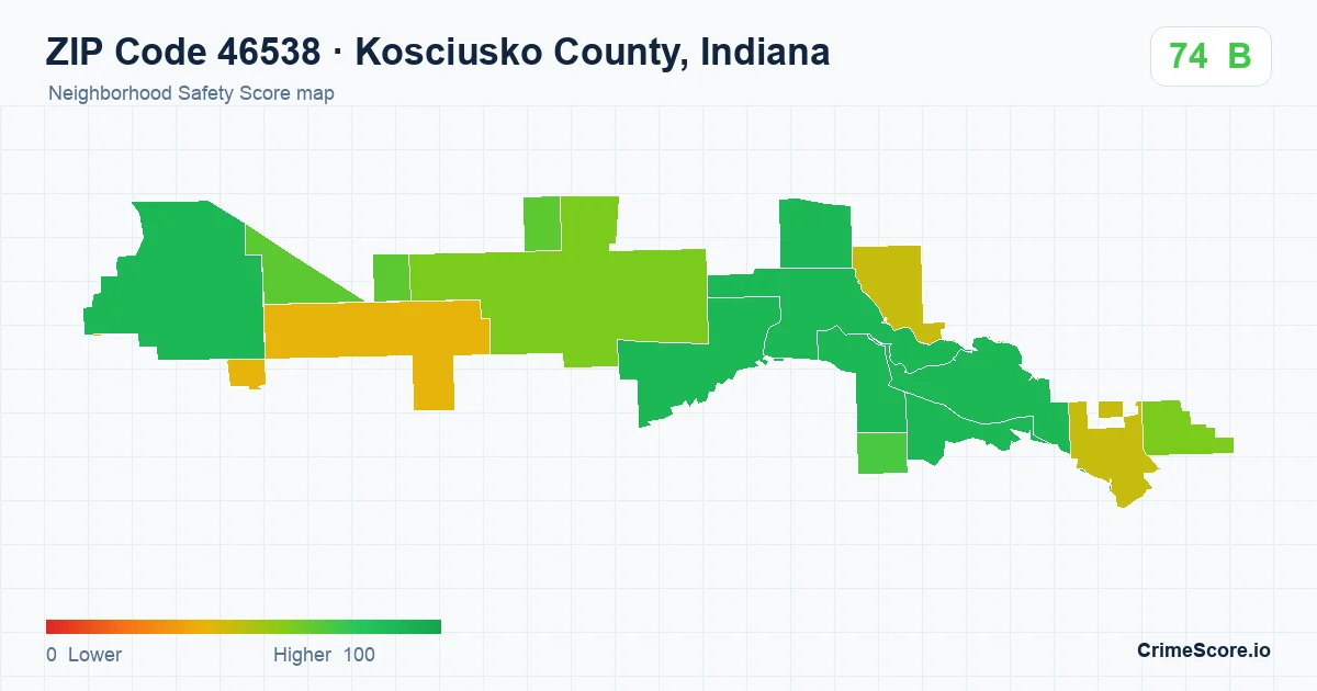 ZIP Code 46538 in Kosciusko County, Indiana neighborhood Safety Score map