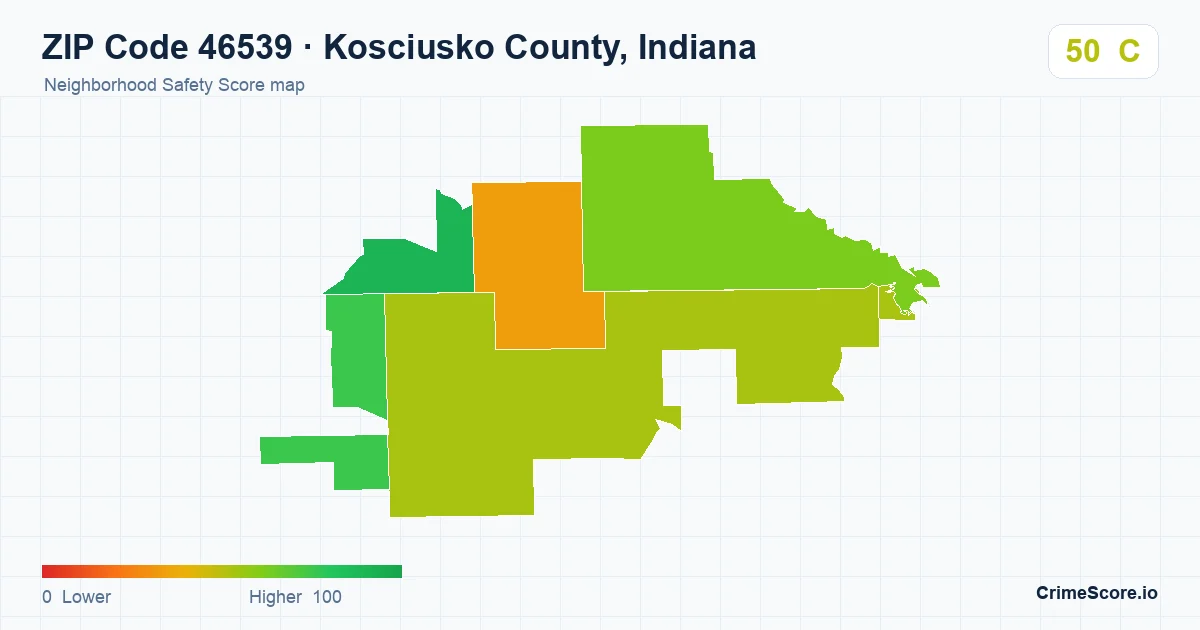 ZIP Code 46539 in Kosciusko County, Indiana neighborhood Safety Score map