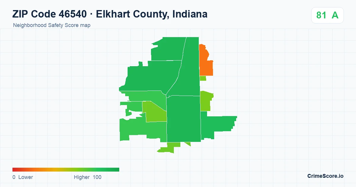 ZIP Code 46540 in Elkhart County, Indiana neighborhood Safety Score map