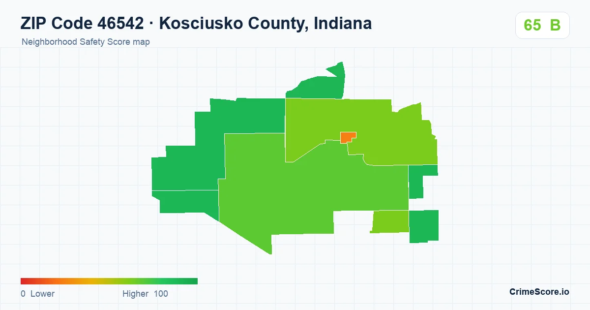 ZIP Code 46542 in Kosciusko County, Indiana neighborhood Safety Score map