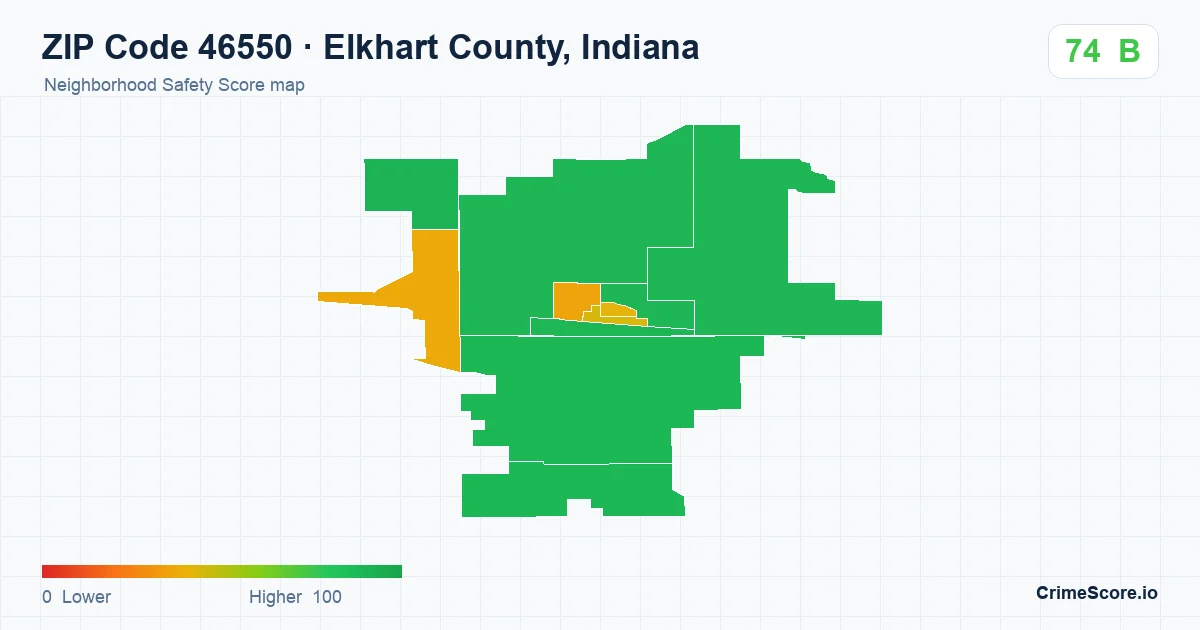 ZIP Code 46550 in Elkhart County, Indiana neighborhood Safety Score map