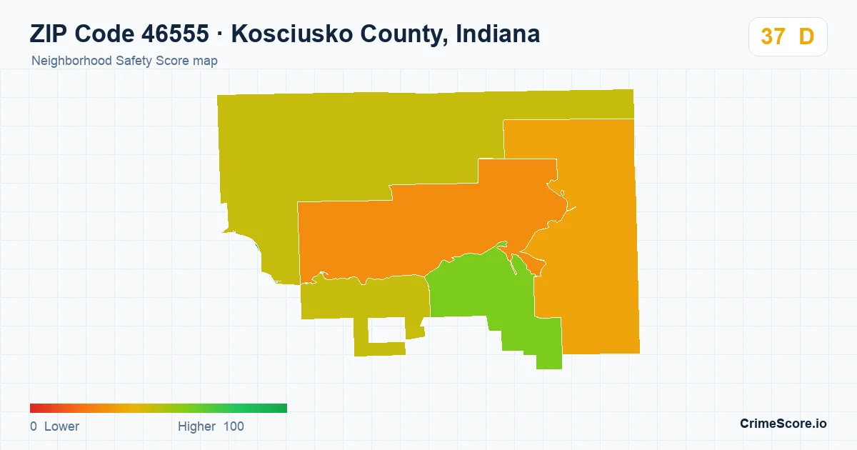 ZIP Code 46555 in Kosciusko County, Indiana neighborhood Safety Score map