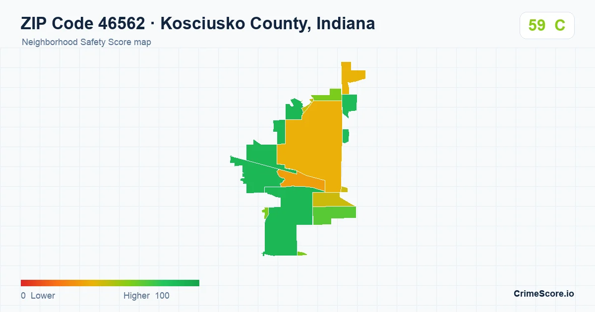 ZIP Code 46562 in Kosciusko County, Indiana neighborhood Safety Score map