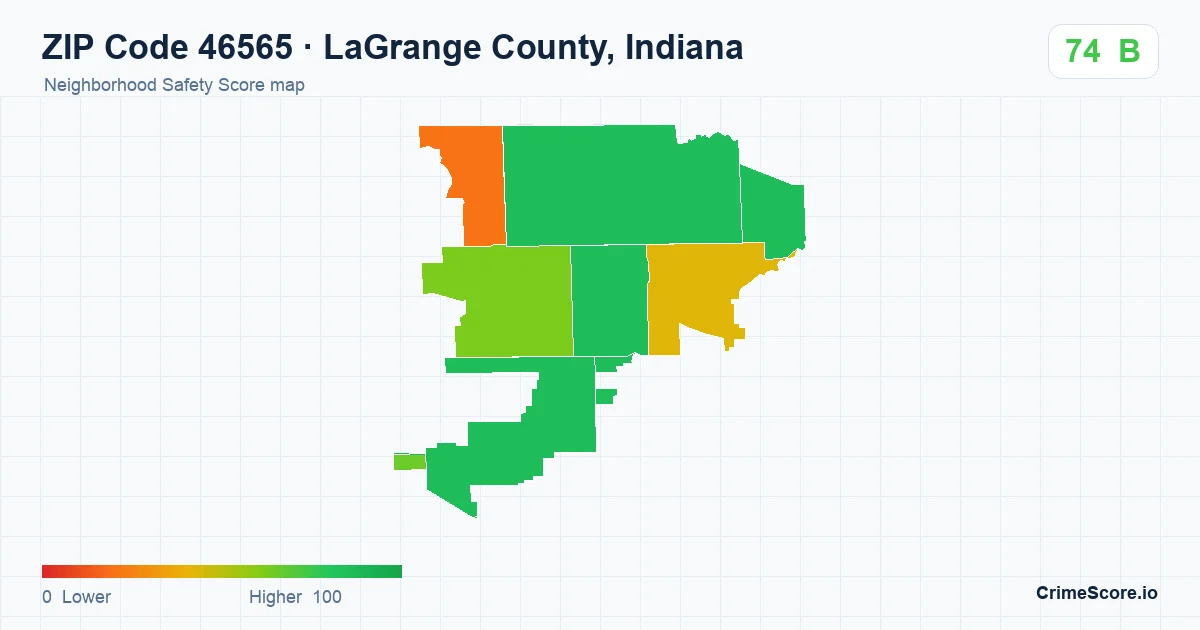 ZIP Code 46565 in LaGrange County, Indiana neighborhood Safety Score map