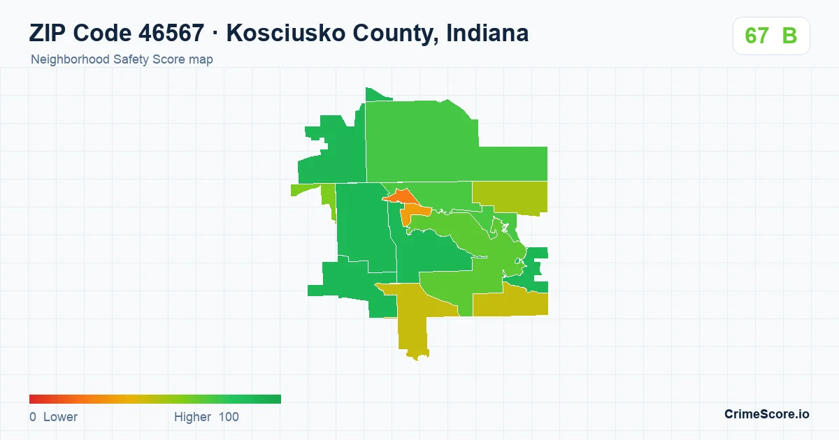 ZIP Code 46567 in Kosciusko County, Indiana neighborhood Safety Score map