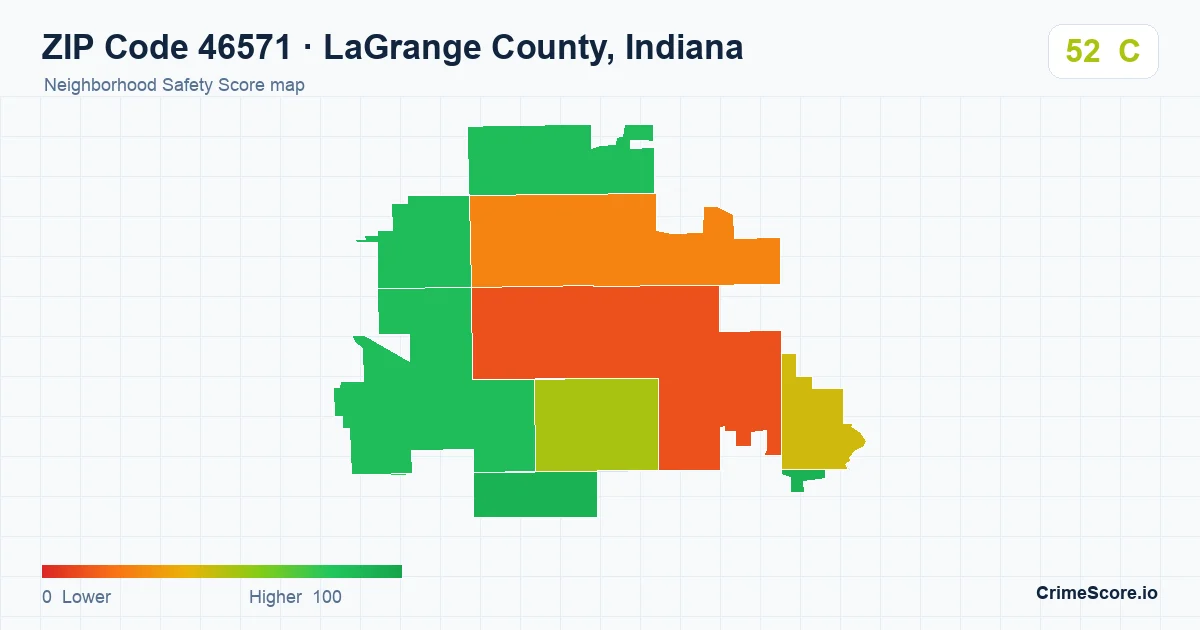 ZIP Code 46571 in LaGrange County, Indiana neighborhood Safety Score map