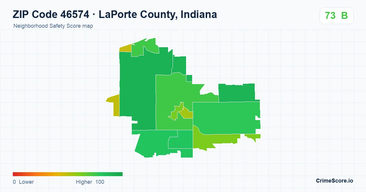 ZIP Code 46574 in LaPorte County, Indiana neighborhood Safety Score map
