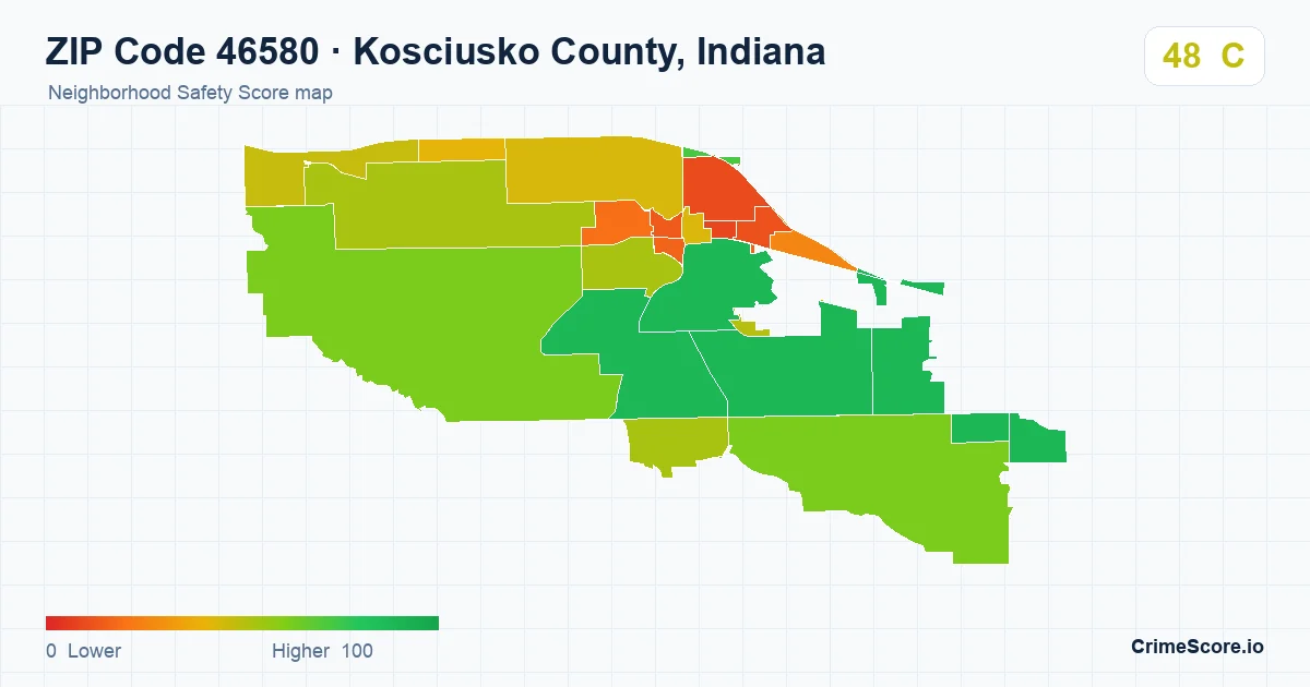 ZIP Code 46580 in Kosciusko County, Indiana neighborhood Safety Score map