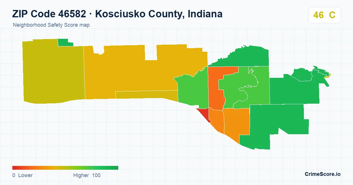 ZIP Code 46582 in Kosciusko County, Indiana neighborhood Safety Score map