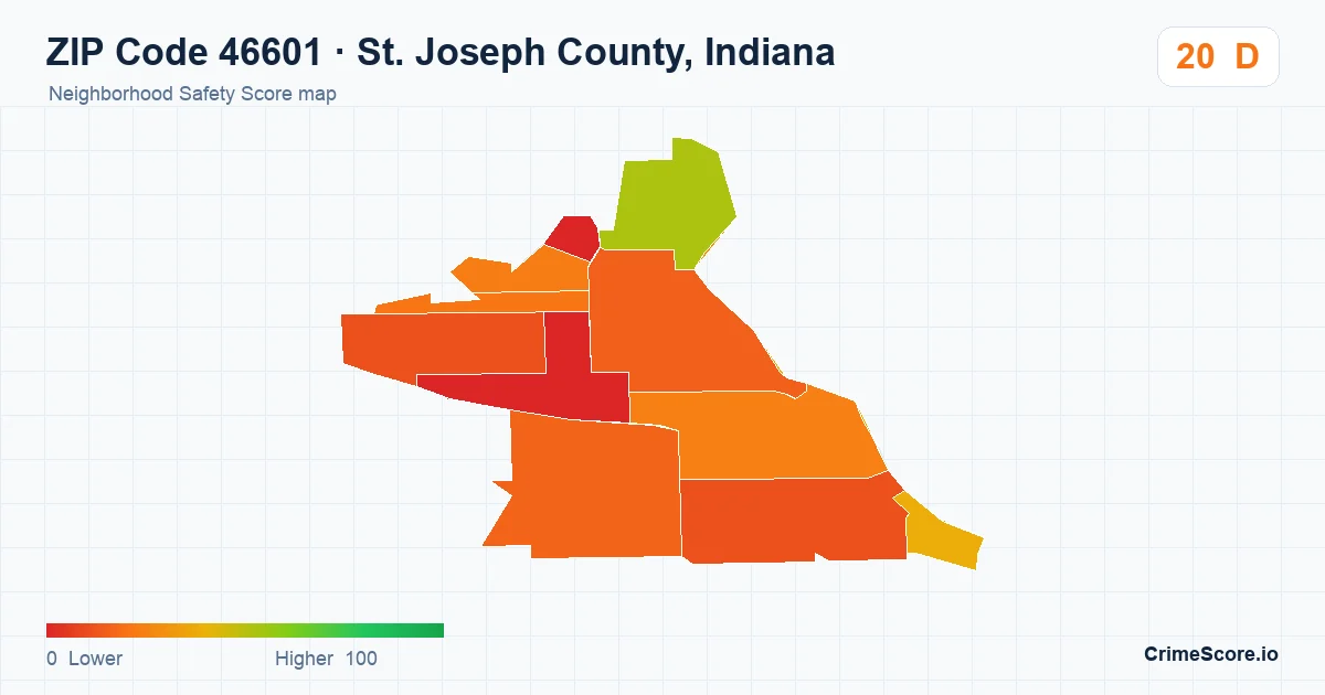 ZIP Code 46601 in St. Joseph County, Indiana neighborhood Safety Score map