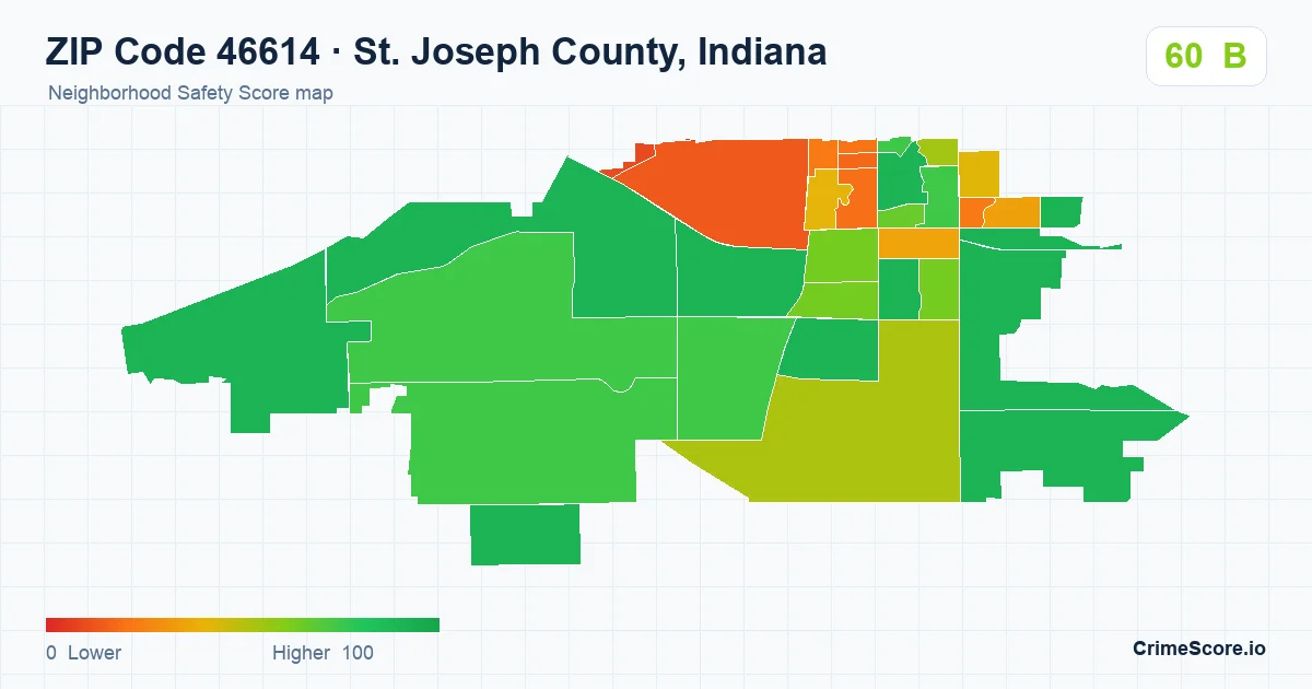 ZIP Code 46614 in St. Joseph County, Indiana neighborhood Safety Score map