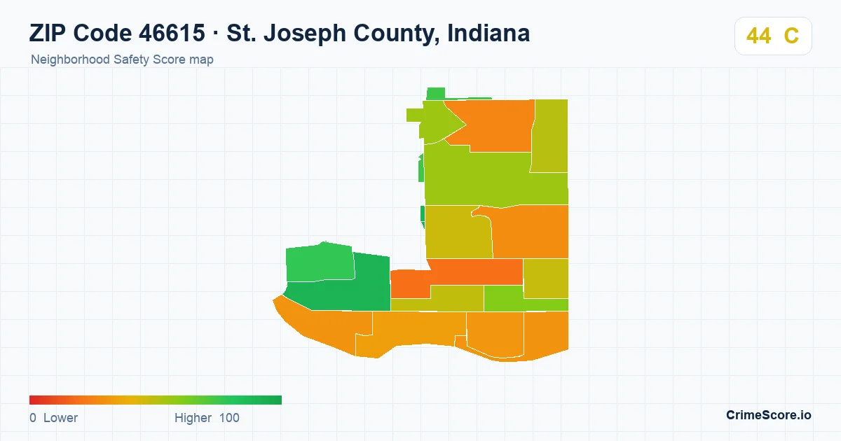 ZIP Code 46615 in St. Joseph County, Indiana neighborhood Safety Score map