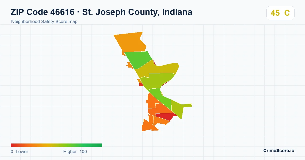 ZIP Code 46616 in St. Joseph County, Indiana neighborhood Safety Score map
