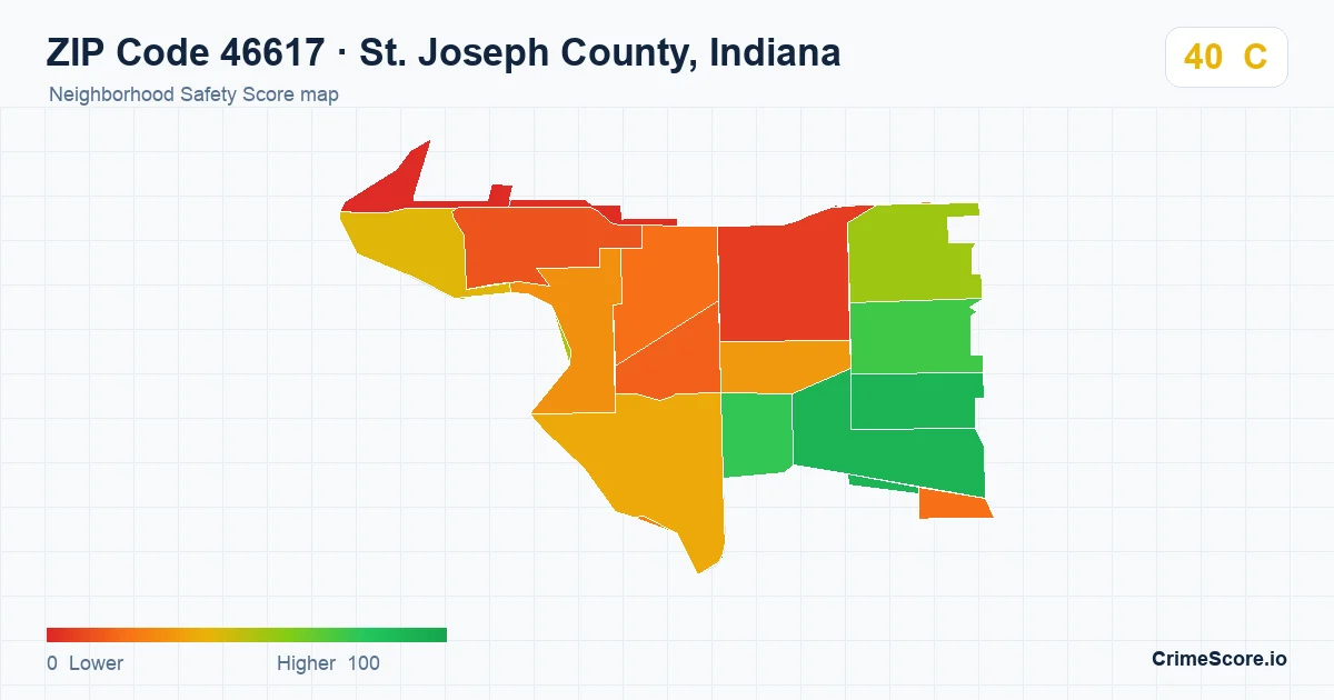 ZIP Code 46617 in St. Joseph County, Indiana neighborhood Safety Score map