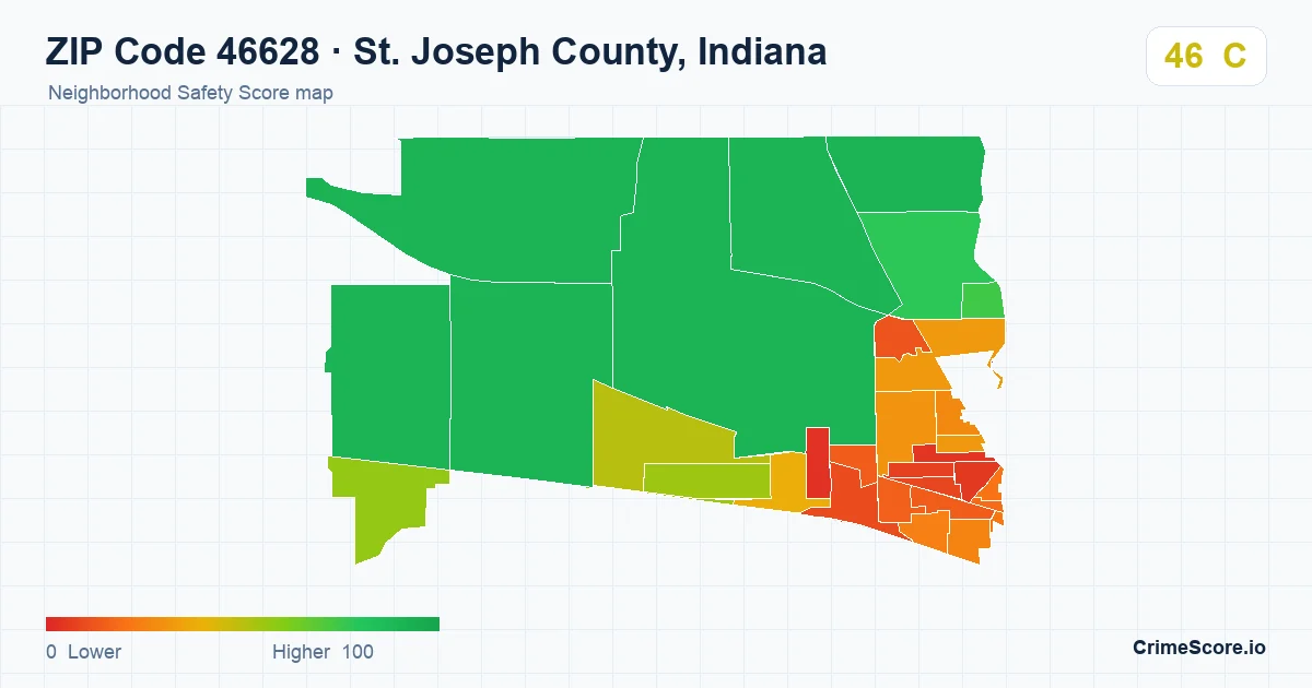 ZIP Code 46628 in St. Joseph County, Indiana neighborhood Safety Score map