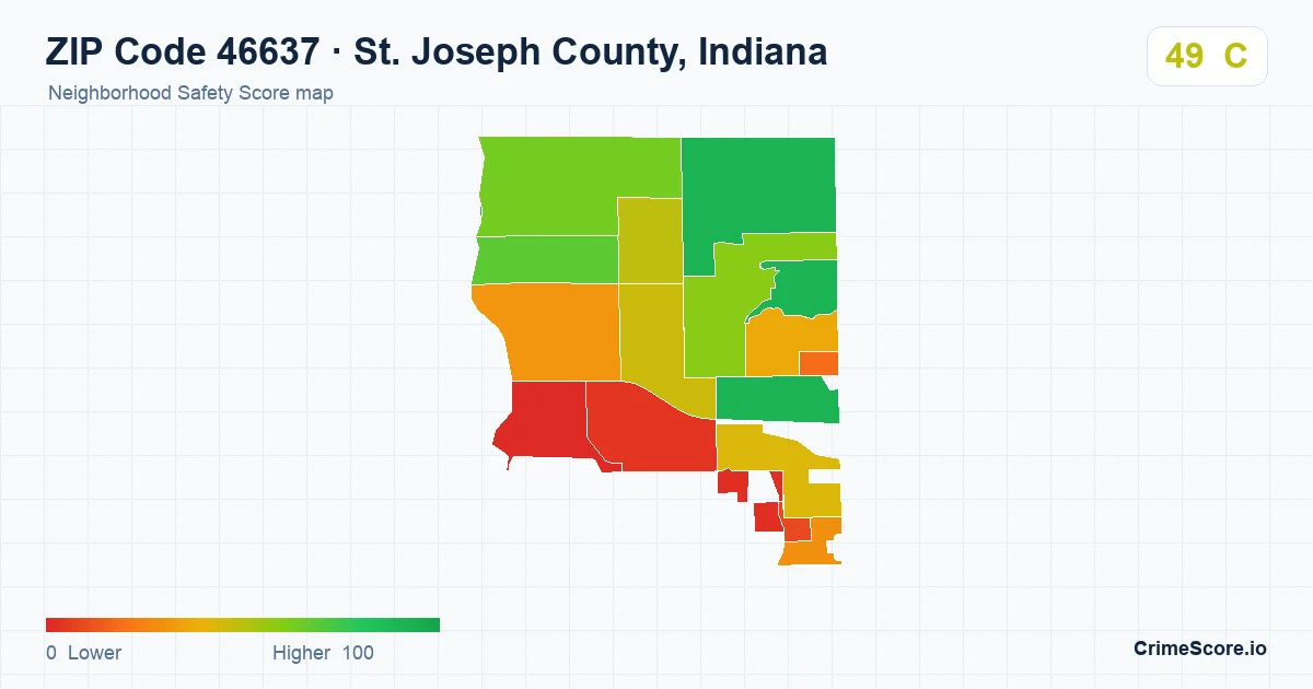 ZIP Code 46637 in St. Joseph County, Indiana neighborhood Safety Score map
