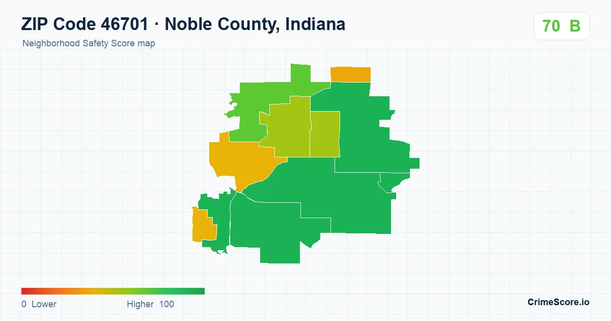 ZIP Code 46701 in Noble County, Indiana neighborhood Safety Score map